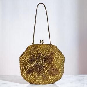 DELILL Vintage 1950s Gold Evening Purse Wristlet Hand Beaded Floral Shiny Glam